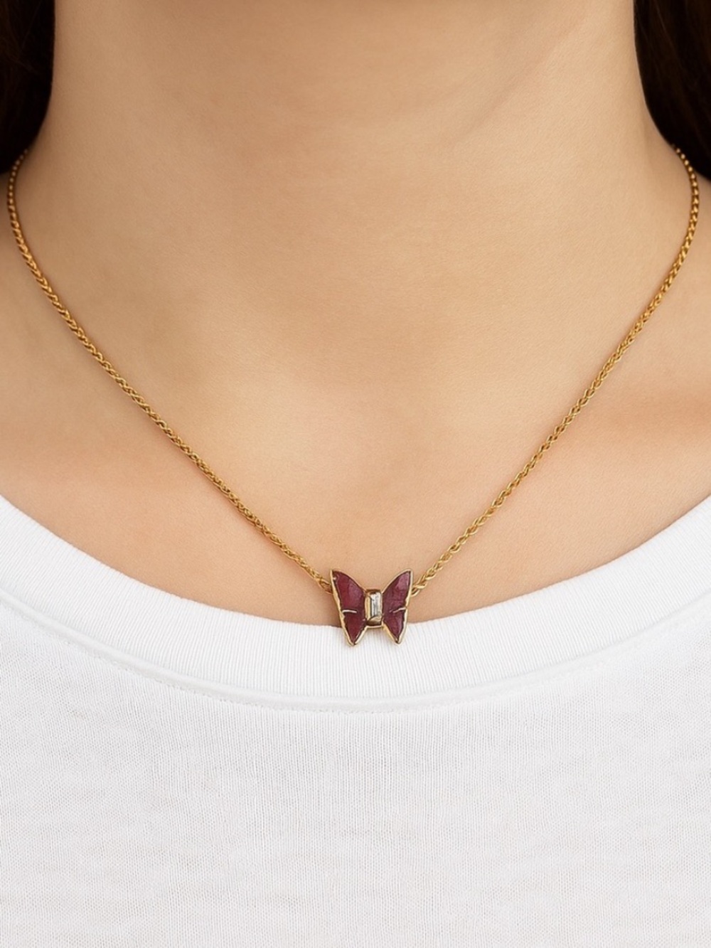 Vintage Burgundy Enamel Butterfly Necklace Gold Tone Rhinestone 16”